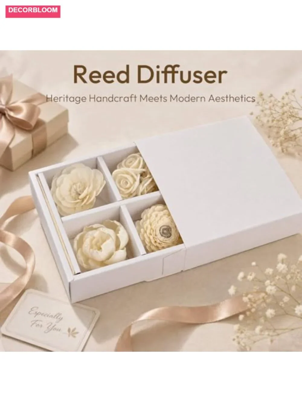 Handmade Sola Wood Reed Diffuser Sticks Set - 7 Pcs White Flowers for Home